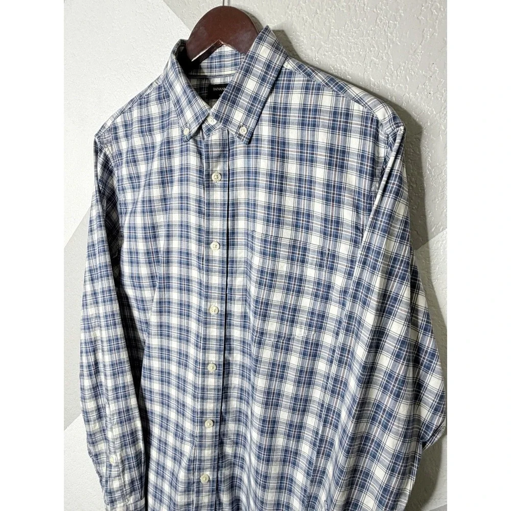 Banana Republic Mens Medium Untucked Shirt Blue Plaid Button Front 100% Cotton